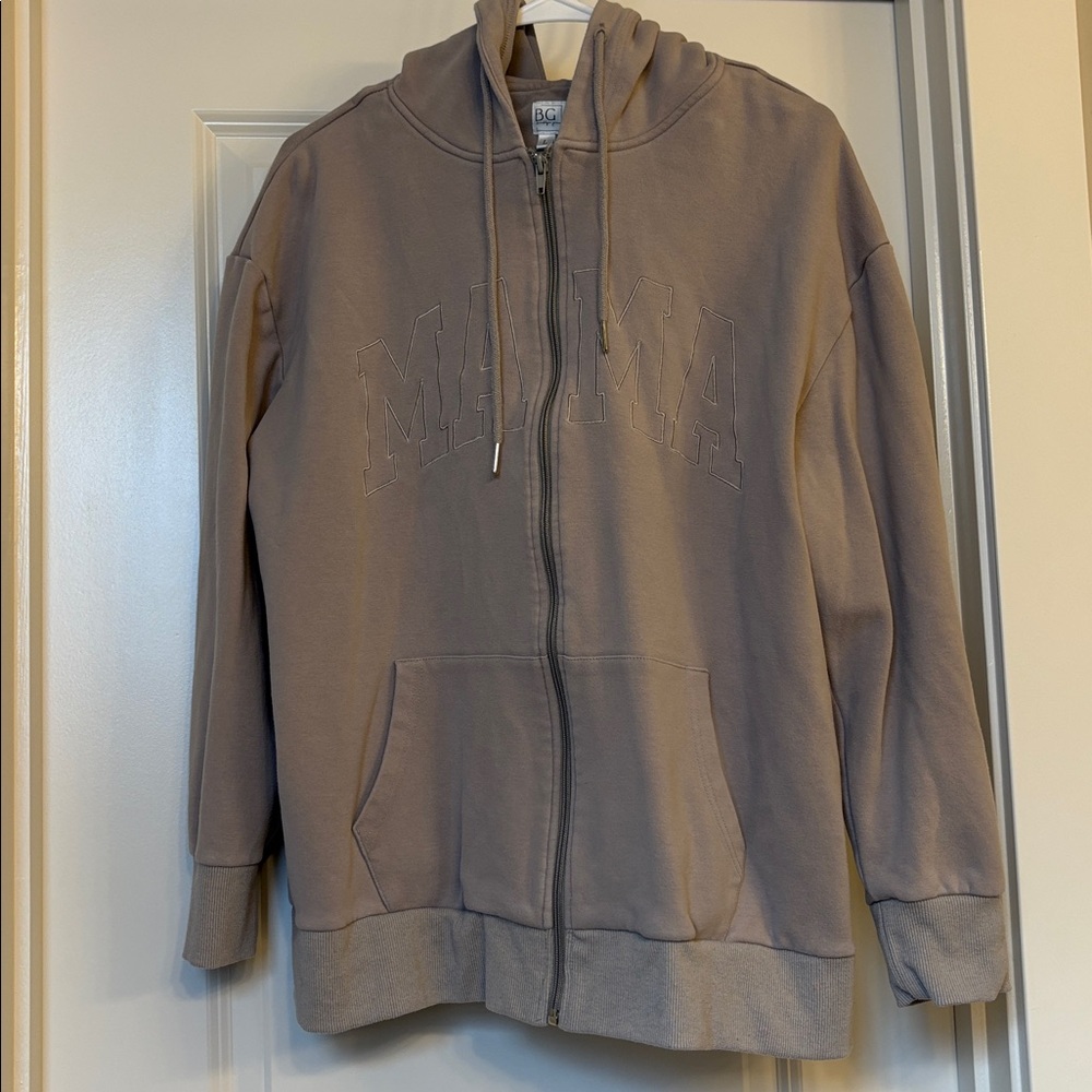 Gray Zip-Up Hoodie with 'MAMA' Embroidery